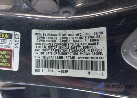 2006 Honda Civic Ex from USA, damaged, VIN 1HGFA16846L139745